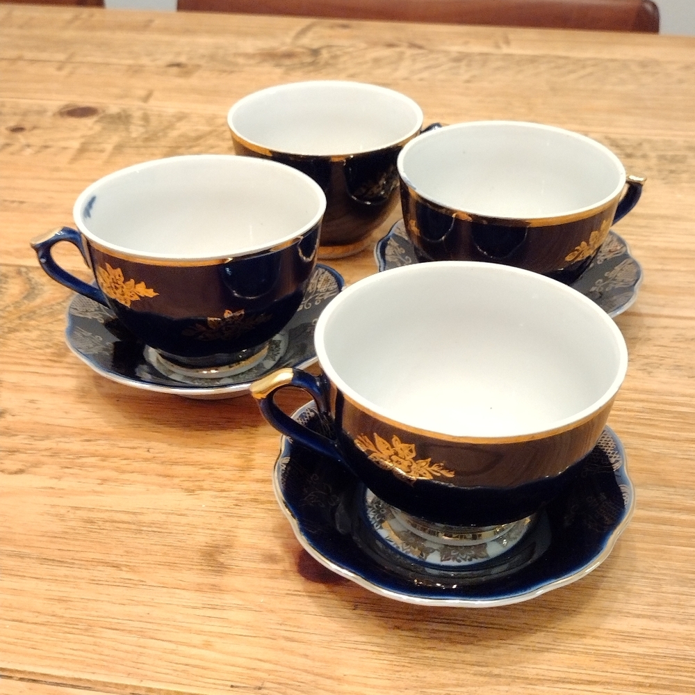 Vintage Russian Elegant Blue and Gold Tea Cup Set